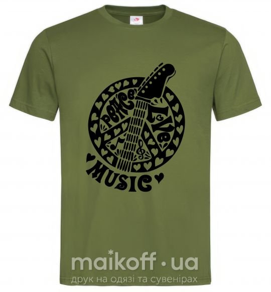 Мужская футболка Peace love music guitar Оливковый фото