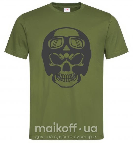 Мужская футболка Skull with helmet Оливковый фото