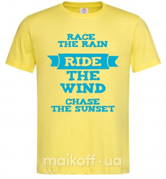 Мужская футболка Race the rain ride the wind chase the sunset Лимонный фото