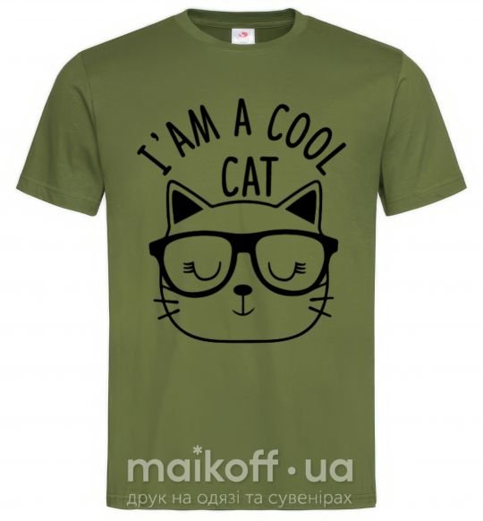Мужская футболка I am a cool cat Оливковый фото