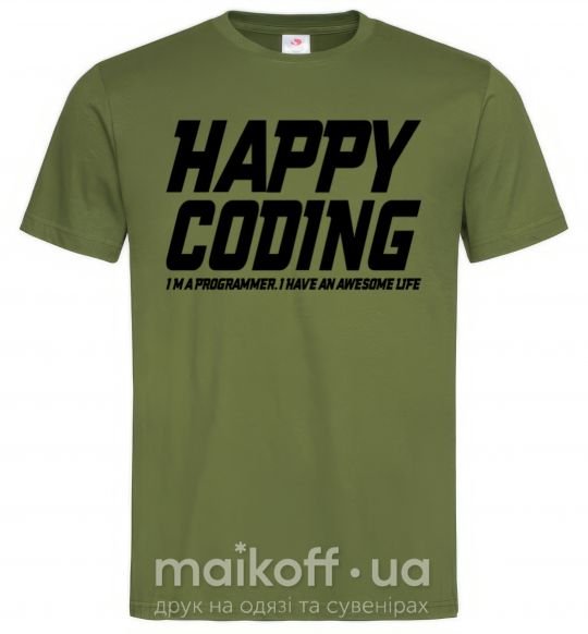 Мужская футболка Happy coding Оливковый фото