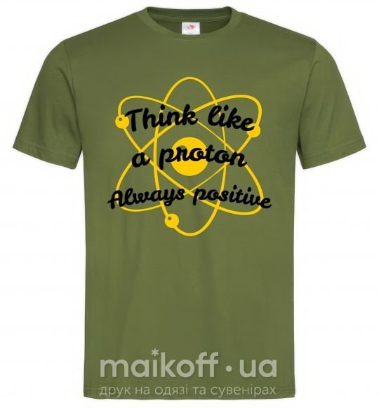Мужская футболка Think like a proton Оливковый фото